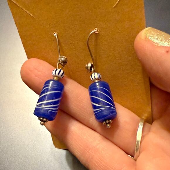 4 for $20 Sale- Handcrafted Blue & White Swirly Tubular Glass Bead Earrings - Picture 6 of 6